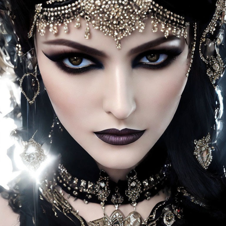 Woman with Intense Makeup and Luxurious Golden Headdress and Jewelry