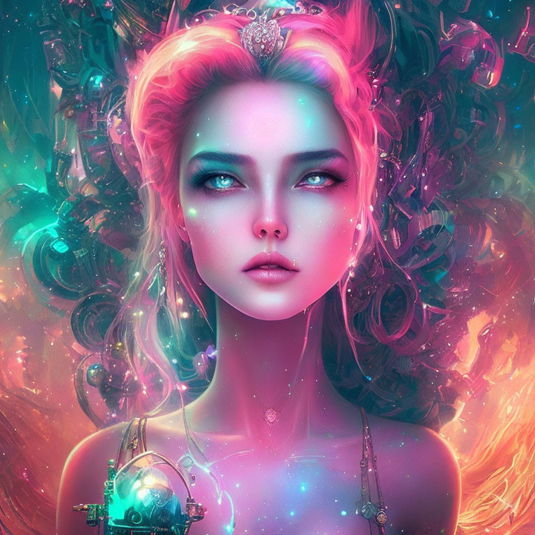 Vibrant digital artwork: woman with pink hair and blue eyes in neon flora.