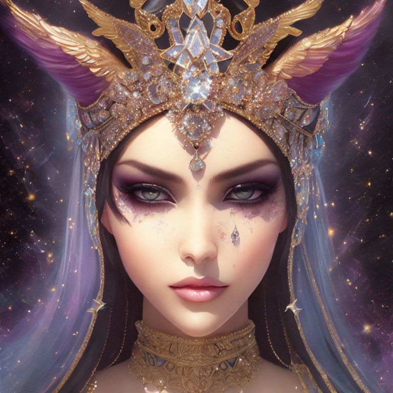 Fantasy digital artwork: Purple-eyed figure with golden crown and feathered ears