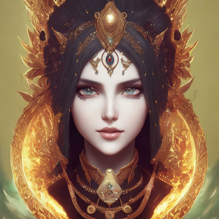 Digital Artwork: Woman with Blue Eyes, Golden Headdress, and Fiery Aura