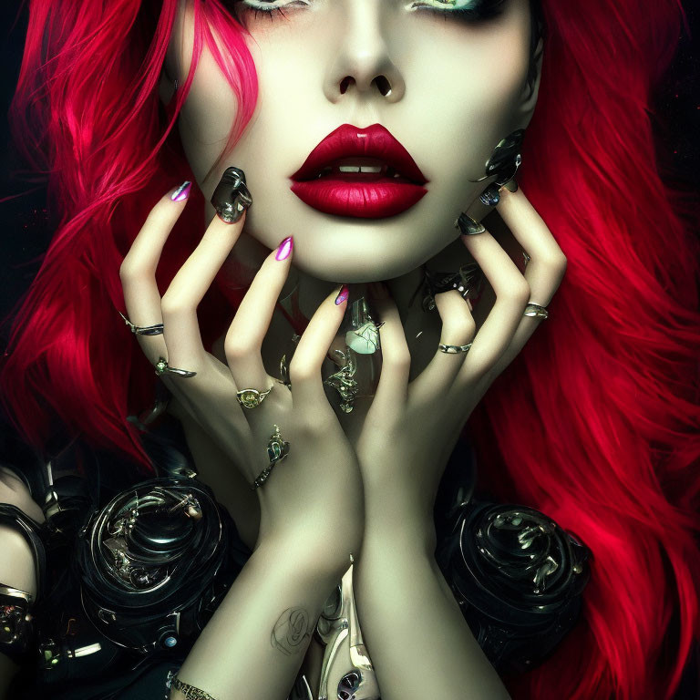 Vibrant red hair and lips with silver rings and nail art on dark background