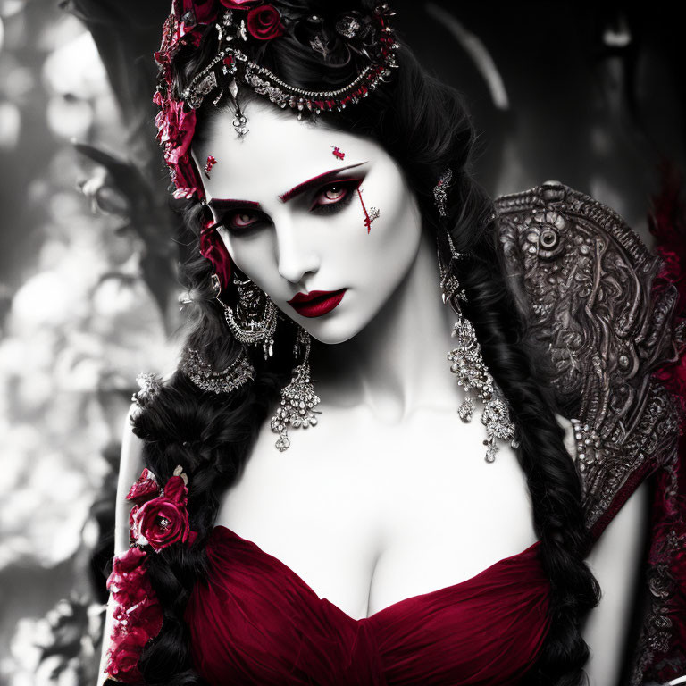 Gothic-styled woman in red and black makeup with ornate jewelry on floral backdrop