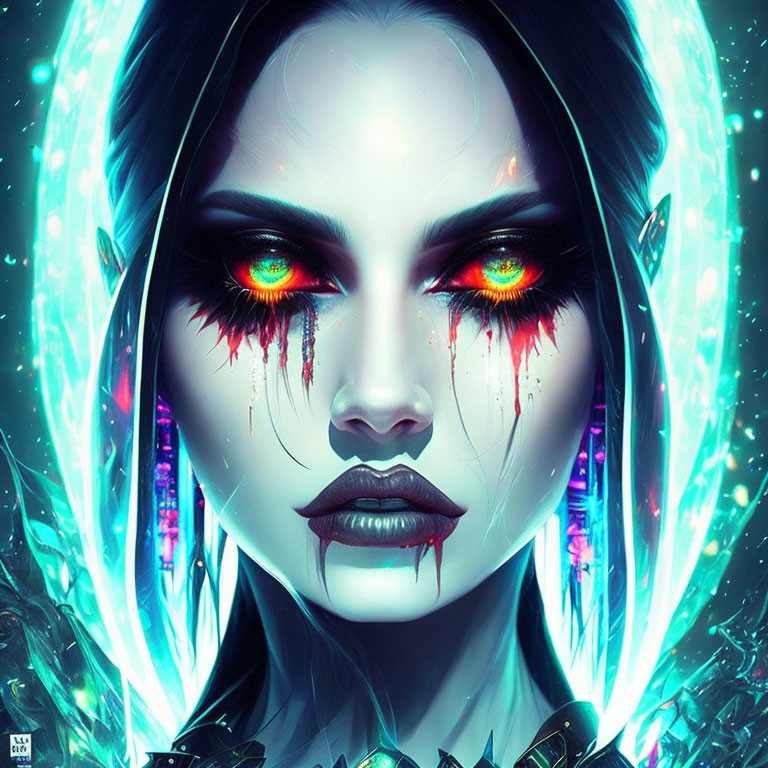 Female character digital artwork: vibrant red eyes, black lipstick, neon blue accents, supernatural aura.