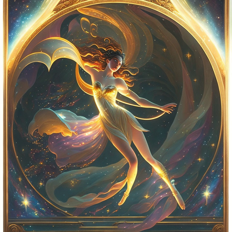 Fantastical image of woman in swirling stars and light