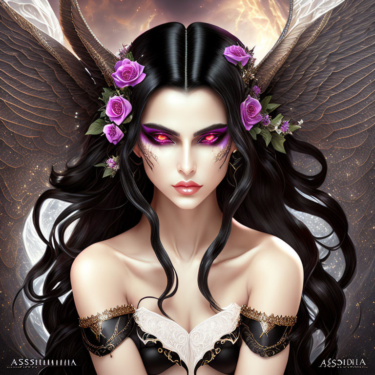 Fantasy illustration of woman with black hair, purple eye makeup, floral crown, and mystical wings