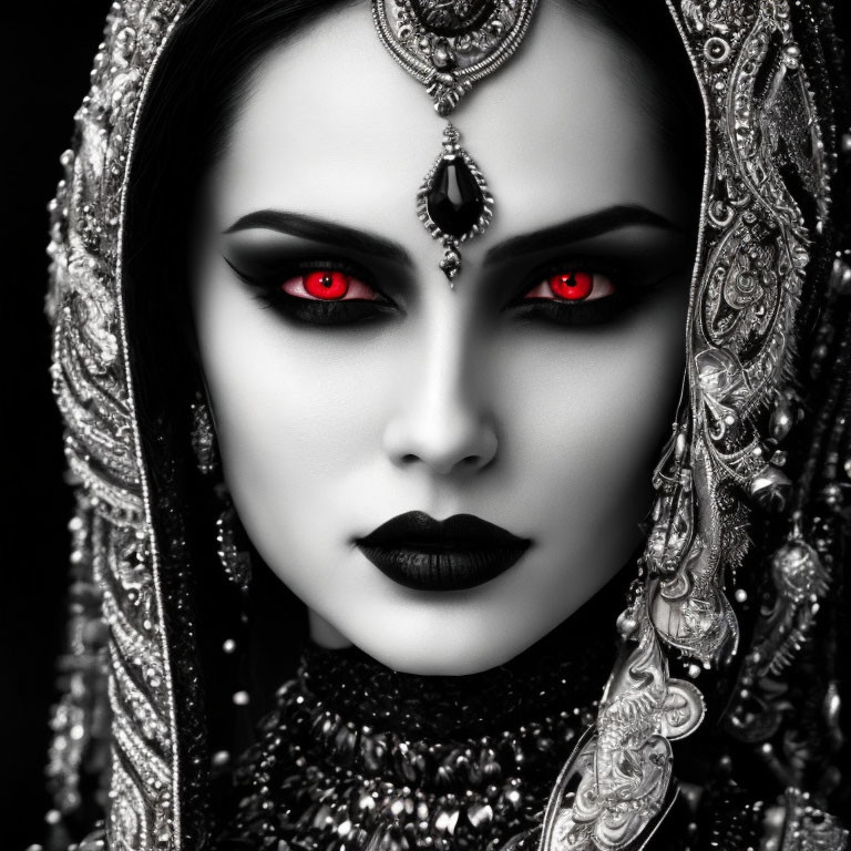 Monochromatic image of woman with red eyes, silver head jewelry, and dark makeup