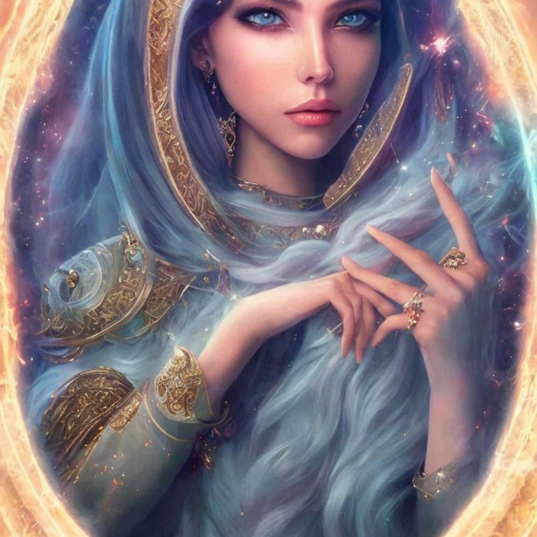 Blue-haired woman with golden aura and jewelry in fantasy portrait