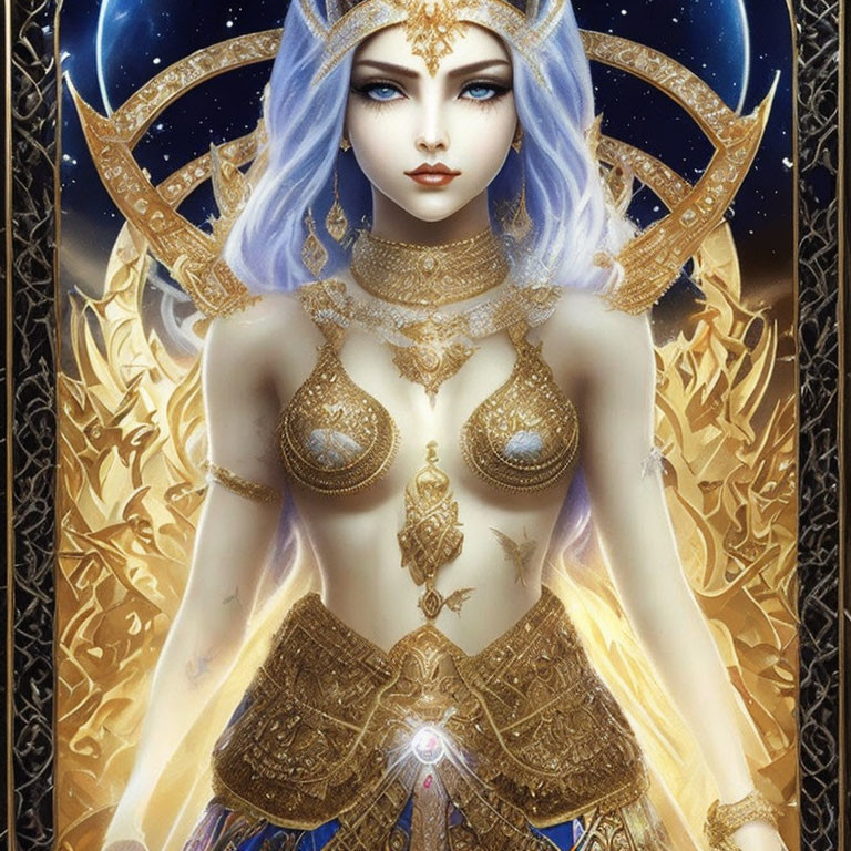 Fantastical female figure with blue hair and golden armor under crescent moon headpiece