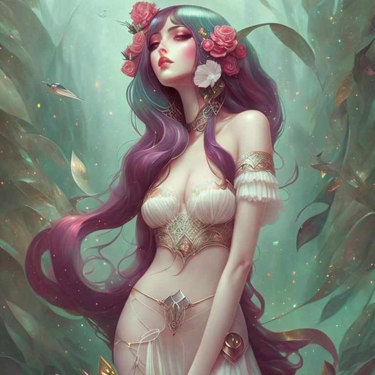 Fantasy illustration of woman with purple hair in mystical green ambiance