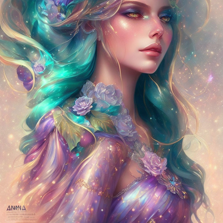 Illustrated portrait of woman with turquoise hair, floral adornments, starry skin, and ethereal