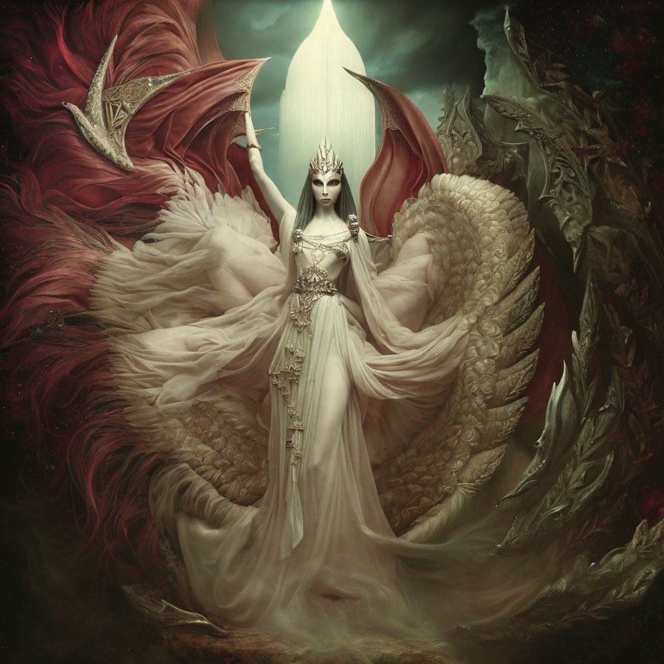 Majestic figure with angelic and demonic wings in darkness