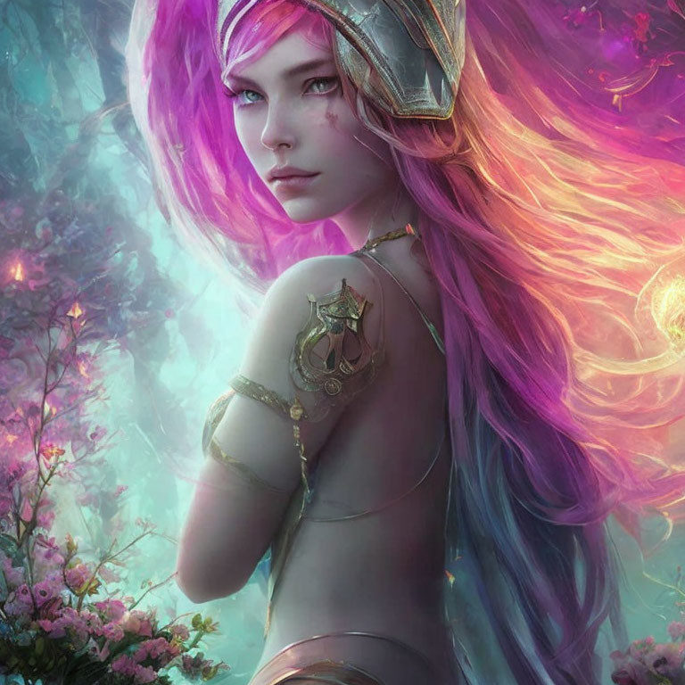 Female fantasy warrior with purple hair and blue eyes in metal helmet and golden armor in floral background