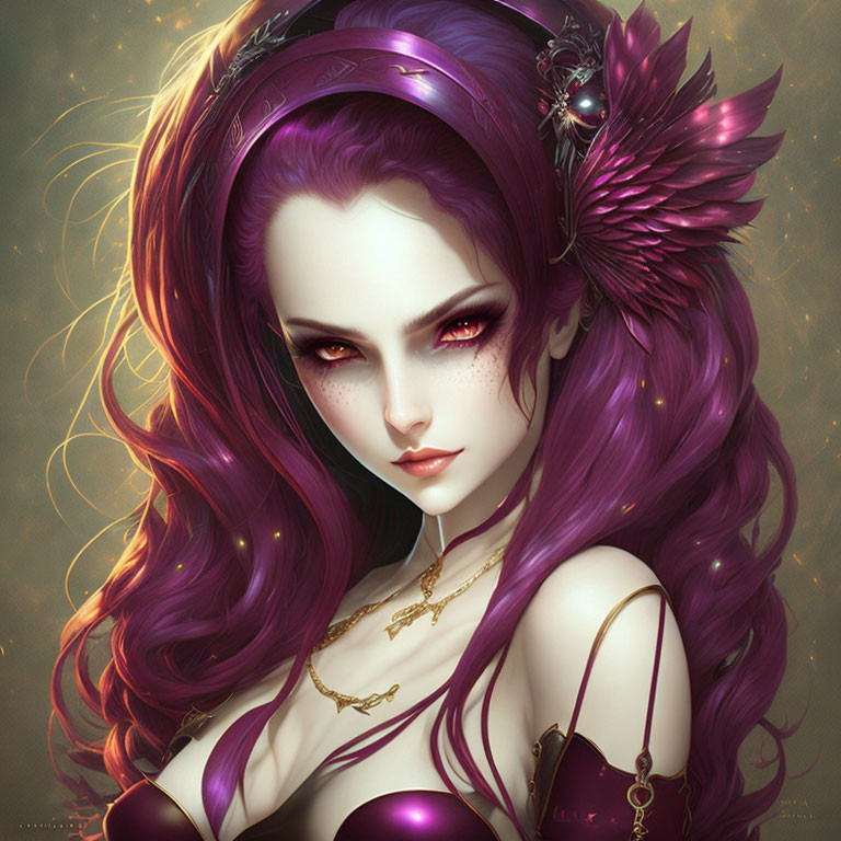 Vibrant digital portrait: woman with purple hair, red eyes, golden jewelry, winged hair