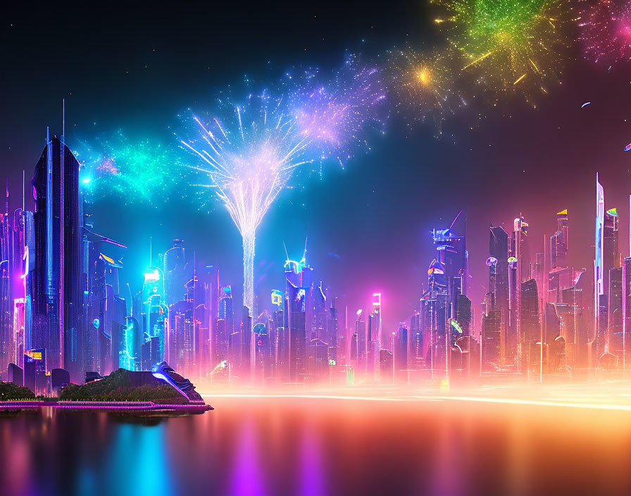 Futuristic cityscape at night with neon lights, skyscrapers, and fireworks