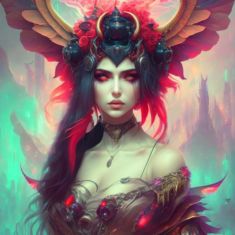 Fantasy female character with red and black hair, horned headgear, and cybernetic features