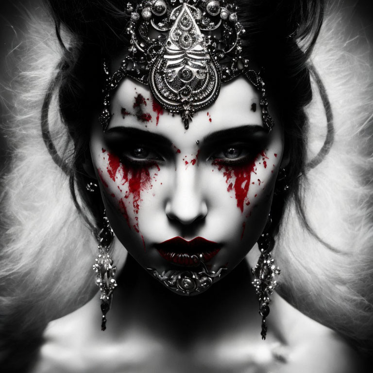 High-Contrast Black and White Portrait of Woman with Dramatic Makeup and Ornate Head Jewelry