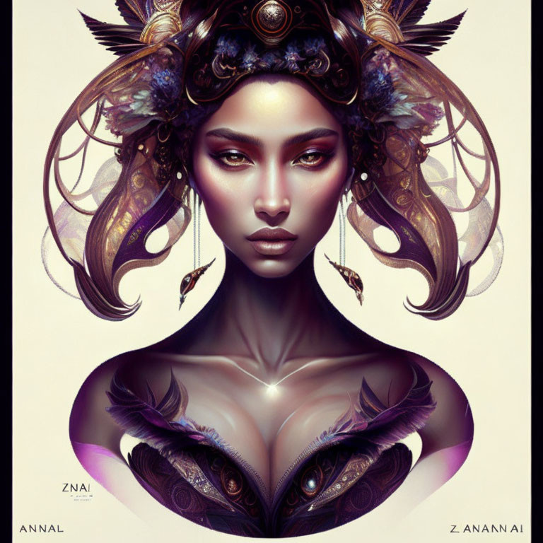 Stylized digital artwork of regal woman with ornate headdress