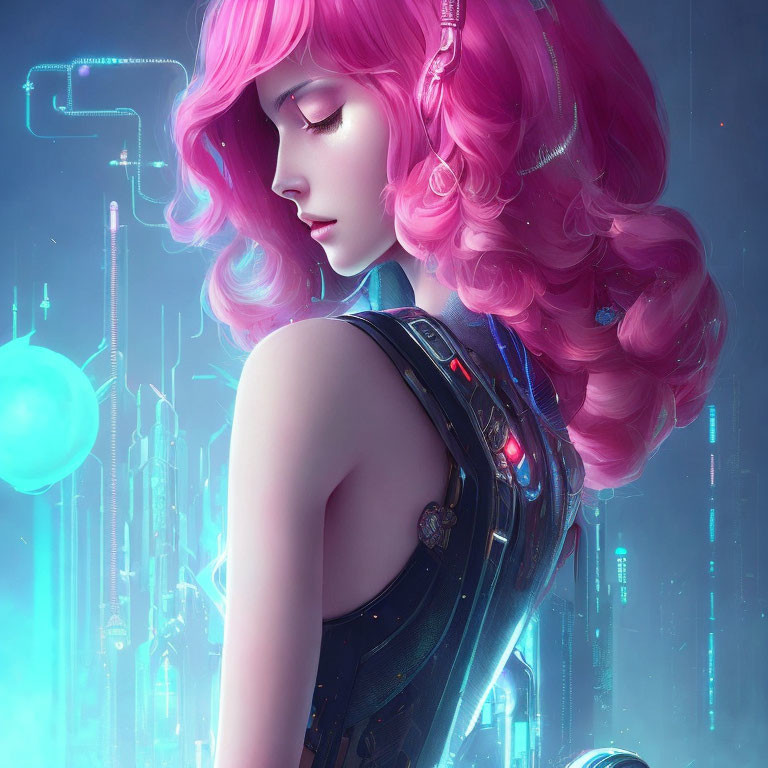 Digital Artwork: Woman with Pink Hair in Futuristic Attire Against Neon Cyber Cityscape