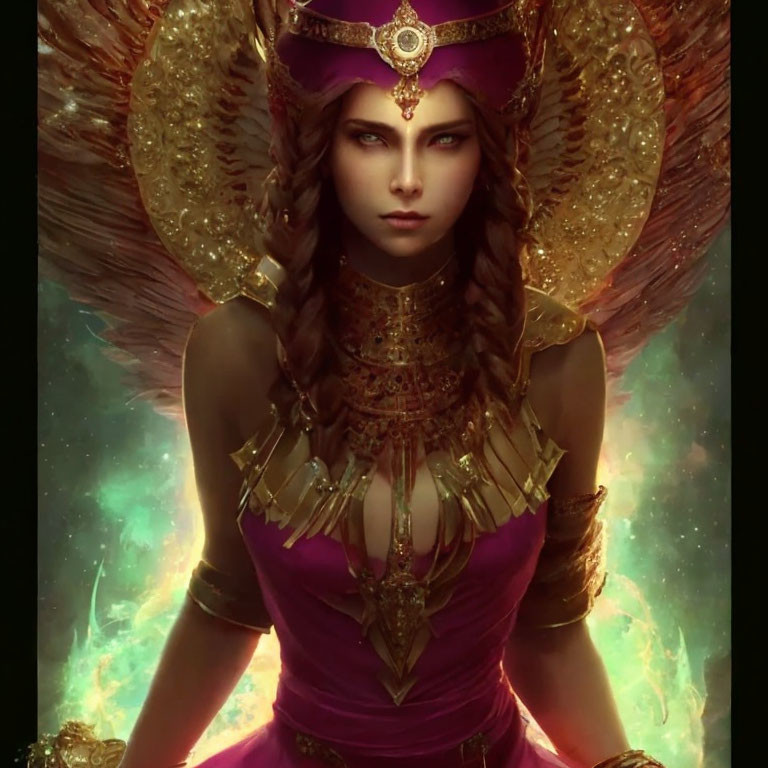 Regal female figure in golden headdress and purple attire against cosmic backdrop