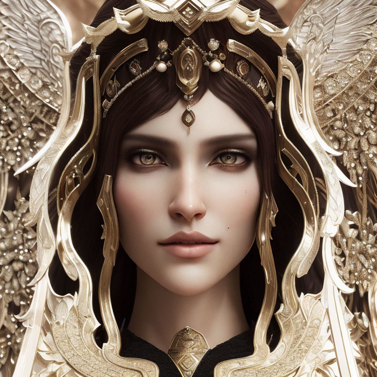 Detailed portrait of fantasy character with intricate golden headgear and jewelry, large green eyes, and poised expression