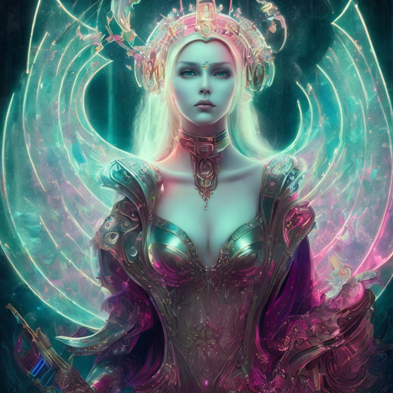 Ethereal female character in glowing magical armor amidst turquoise ambiance