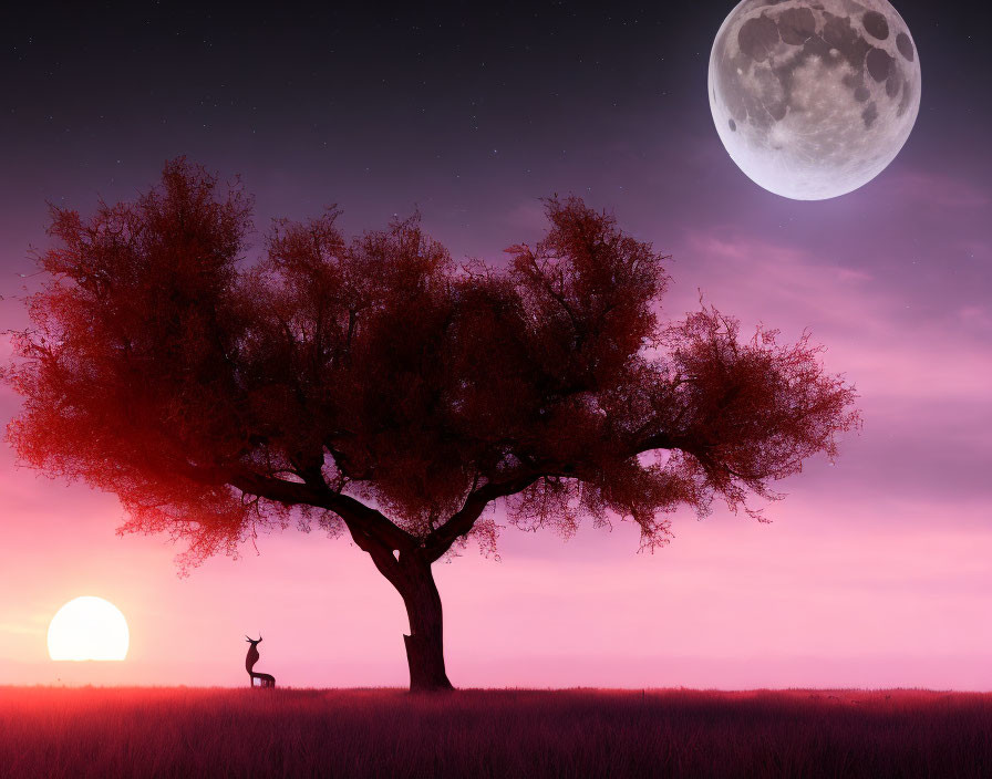 Twilight landscape: lone tree, deer, large moon, purple haze