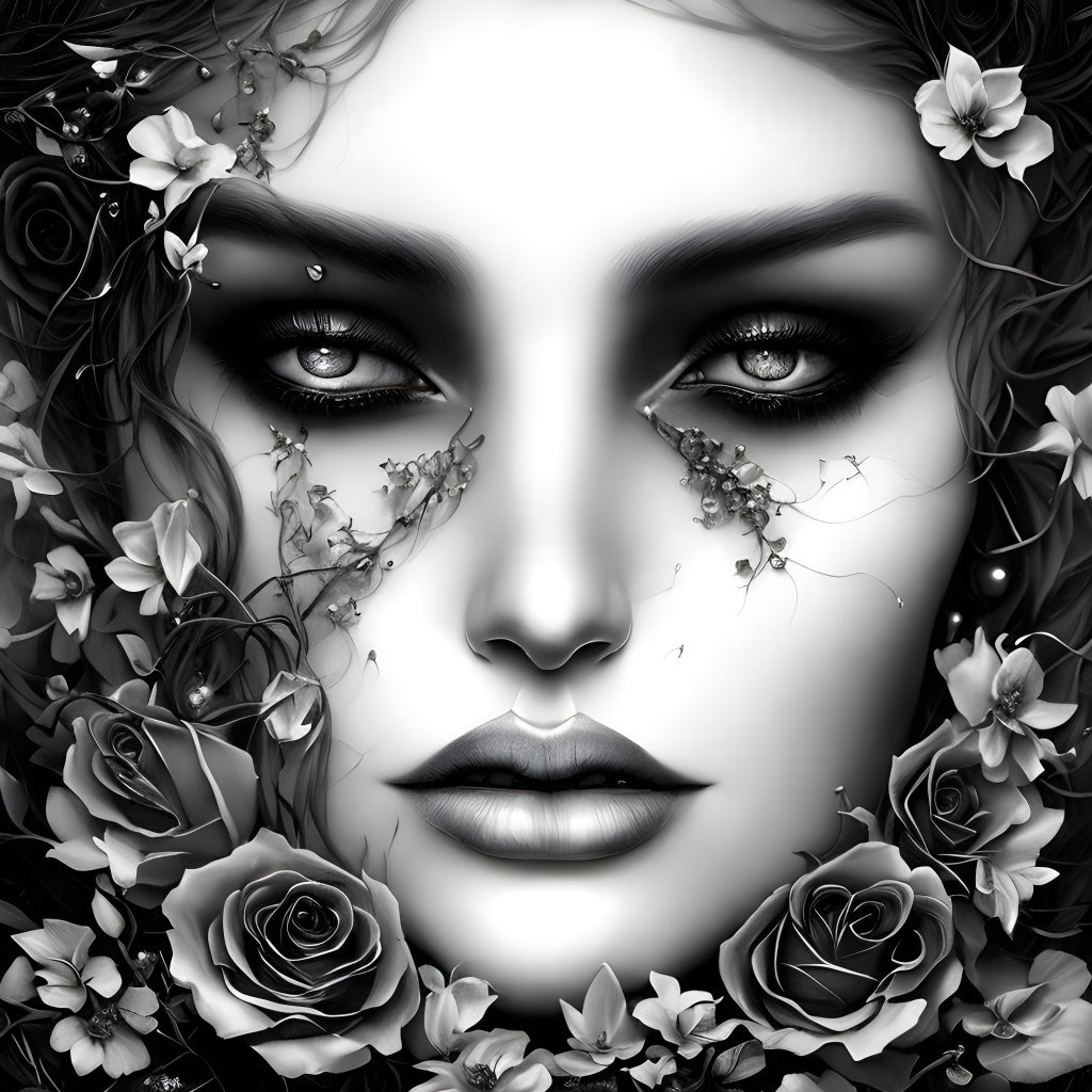 Woman's face in monochrome with detailed eyes and roses.