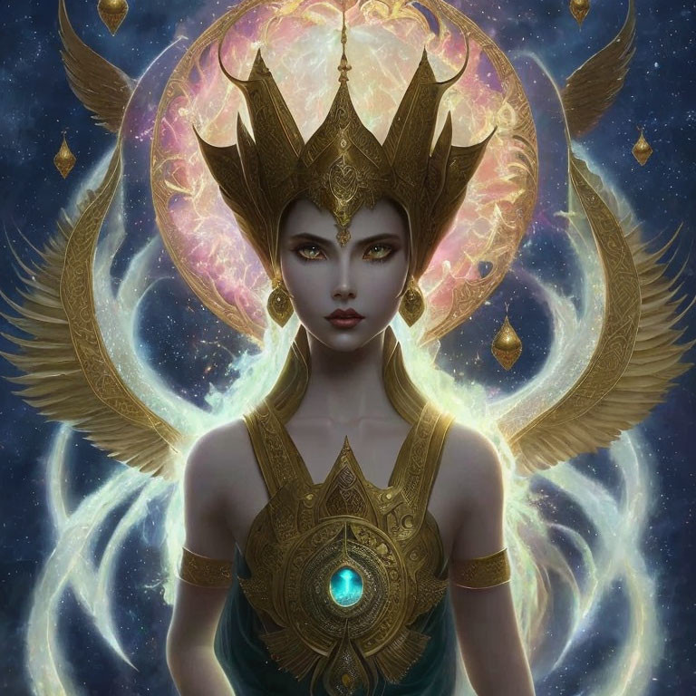 Golden-crowned female figure in cosmic setting with glowing moon.