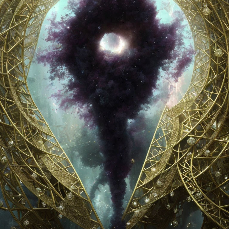 Intricate golden structures frame cosmic vortex in starry sky