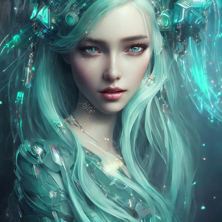 Ethereal digital artwork: Female character with turquoise hair and futuristic headdress