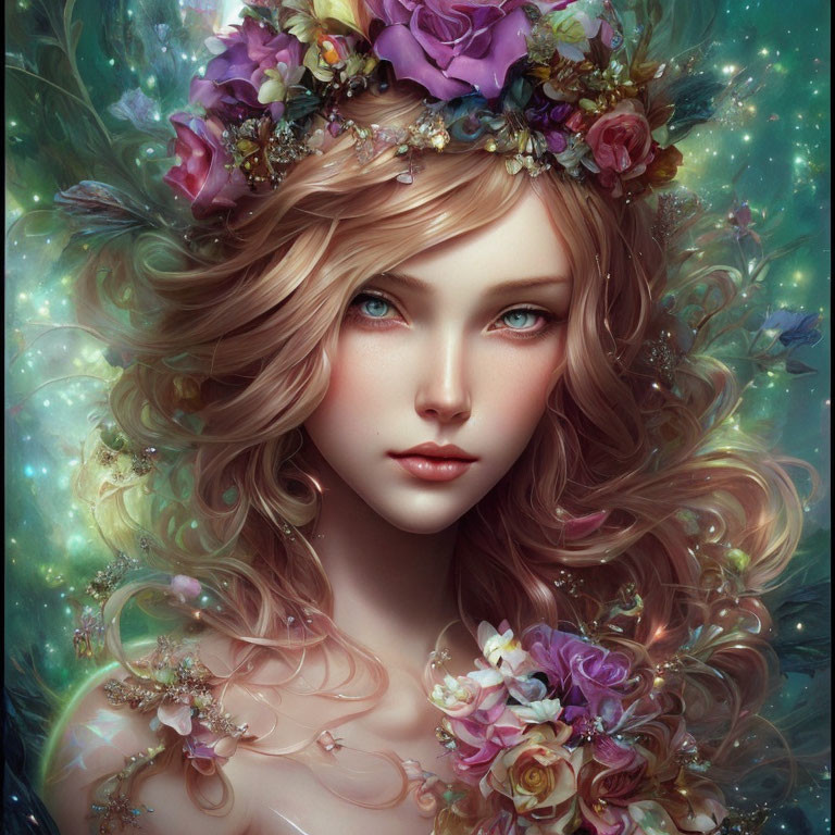 Fantasy illustration of woman with wavy hair and floral crown in mystical setting