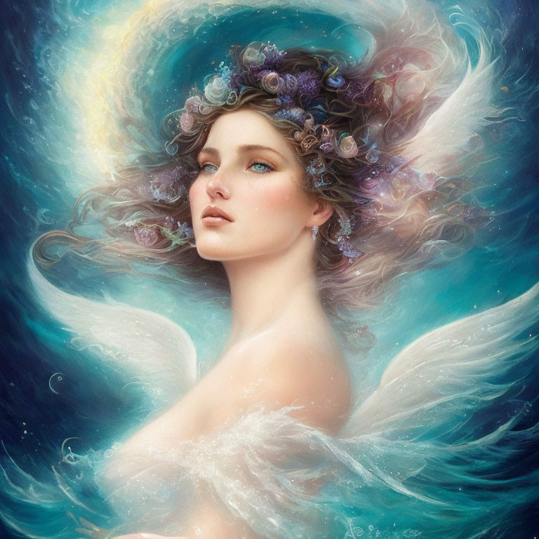 Woman with angelic wings in soft blue tones and roses in her hair.