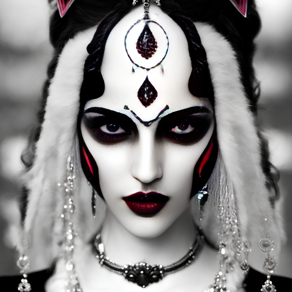 Intricate Black and White Face Makeup with Red Accents and Headpiece