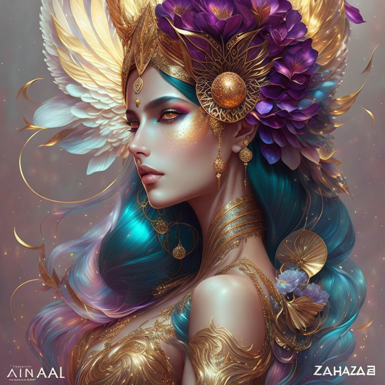 Multicolored hair fantasy portrait with gold jewelry and feathered headdress