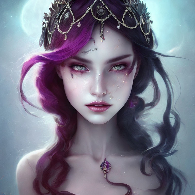 Fantasy portrait of woman with purple hair, crown, jeweled pendant, ethereal makeup.