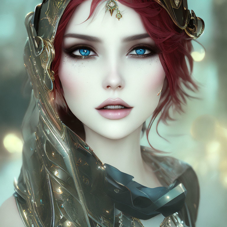 Detailed digital portrait of female with red hair, blue eyes, gold jewelry, and headpiece against soft