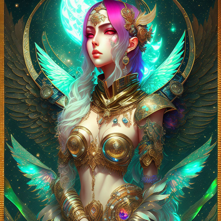 Detailed Fantasy Art: Female Character with Pink Hair, Golden Armor, Ethereal Wings, and Glowing