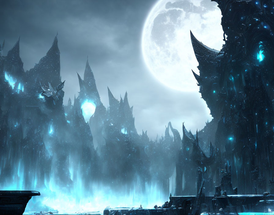 Large luminous moon over gothic cityscape with blue lighting