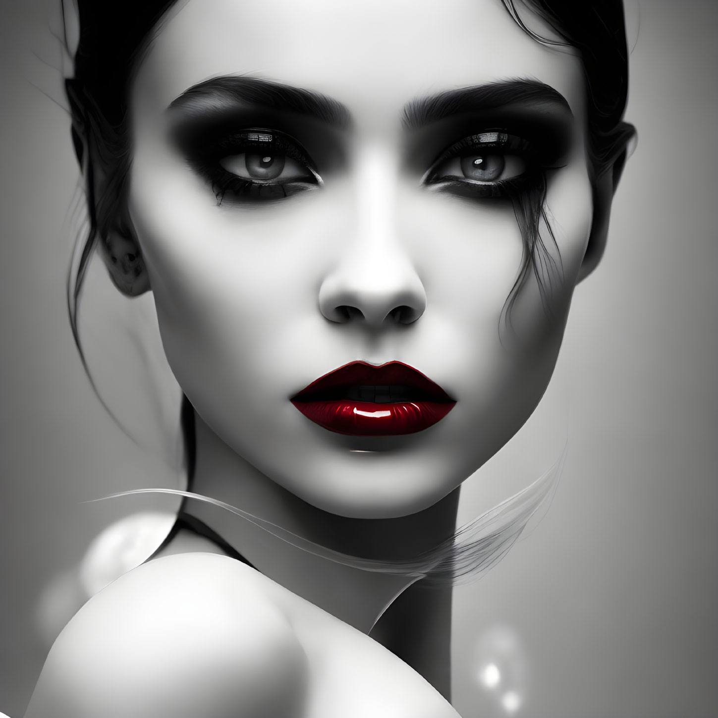 Monochrome portrait of a woman with red lips and defined makeup