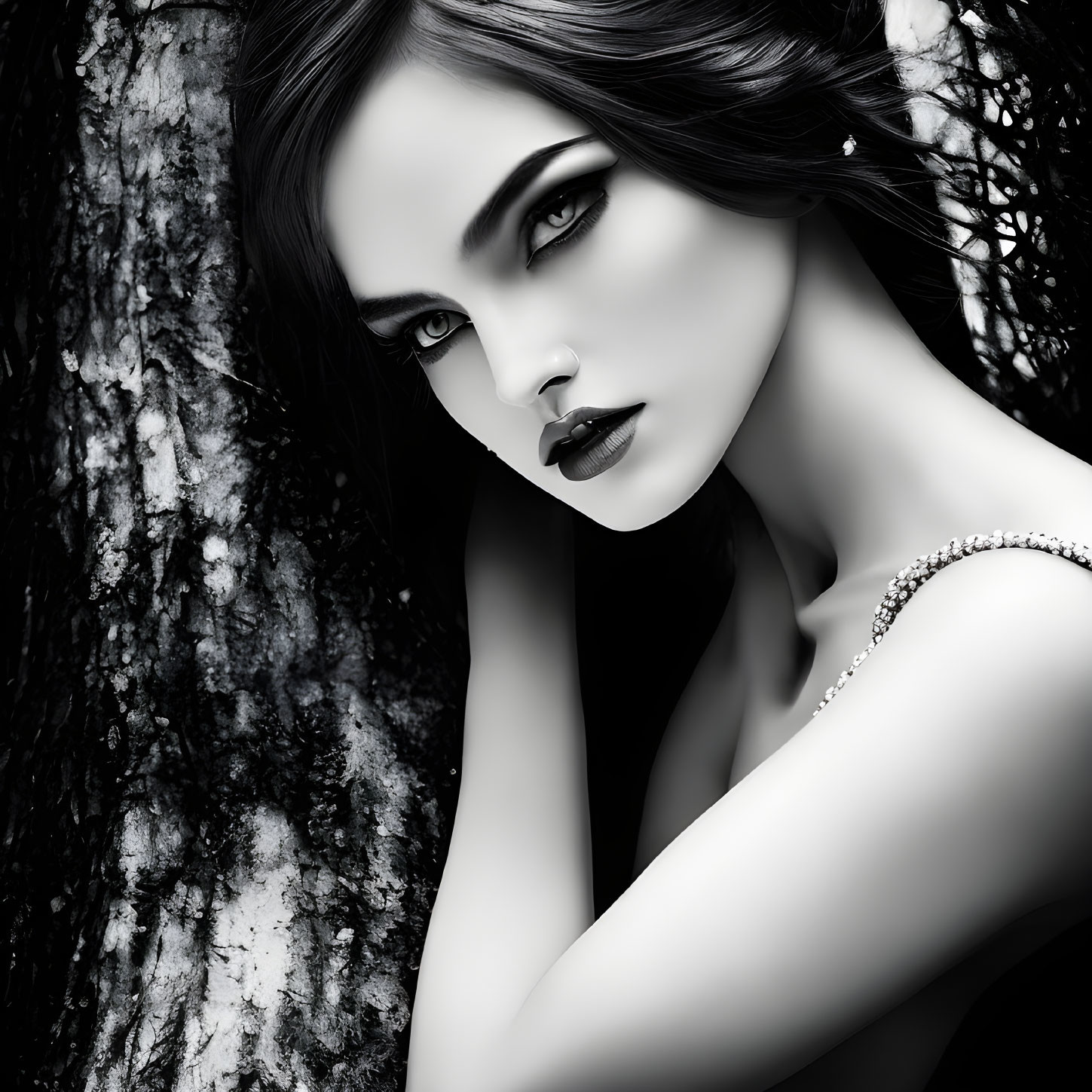 Monochromatic portrait of a woman with striking eyes and dark lipstick leaning against a tree