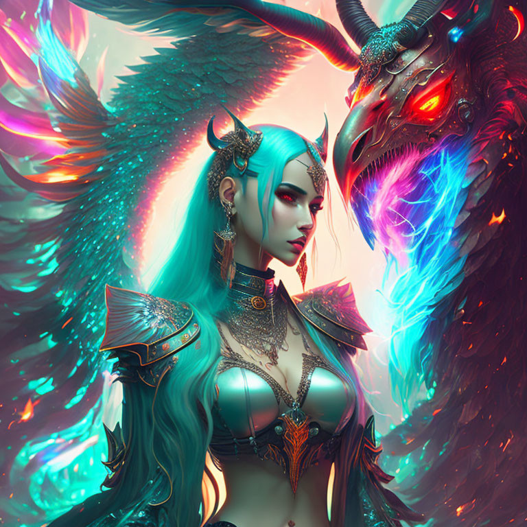 Fantasy illustration of woman with blue hair and dragon with glowing eyes