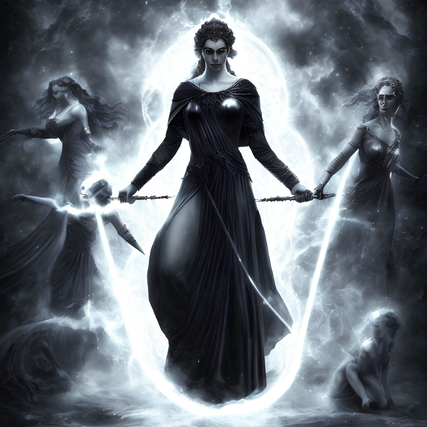 Ethereal women in dark dresses with sword in mystical circle