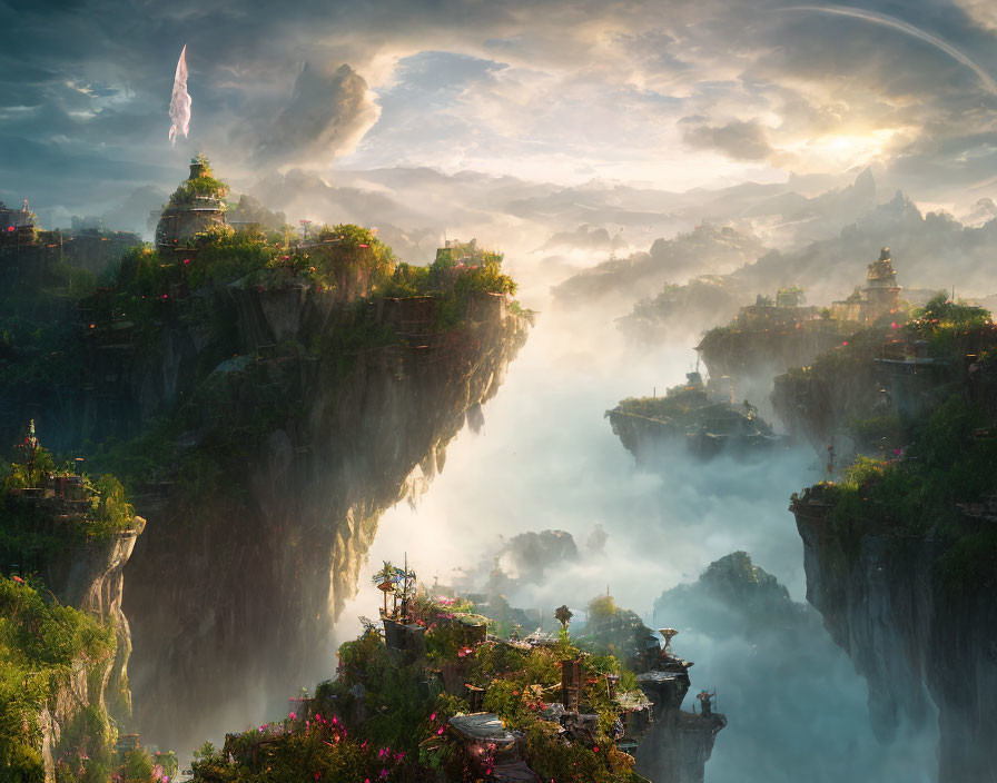 Mystical floating islands with ancient temples in misty sunrise scene