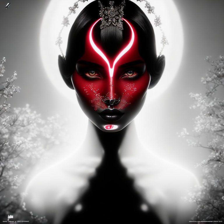 Digital artwork: Woman with dark skin, red facial markings, white halo, and blossoms on black