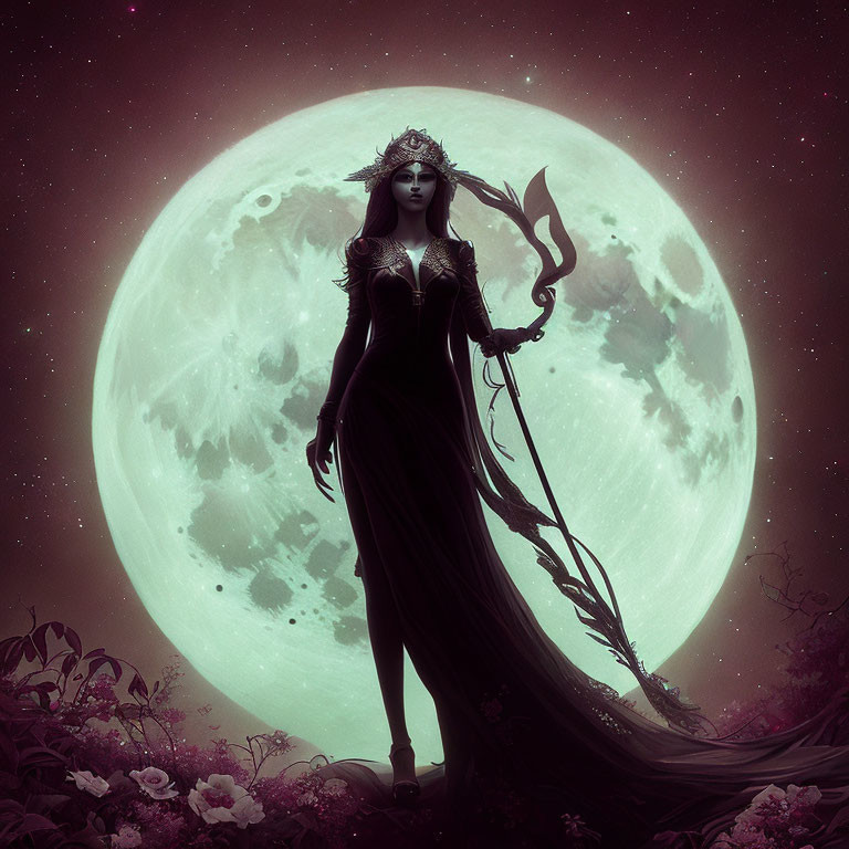 Mystical woman in dark gown with staff under giant moon