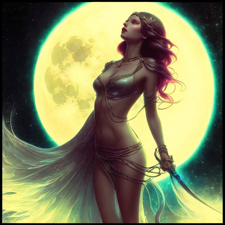 Fantasy illustration of woman with flowing hair and ethereal attire under glowing moon