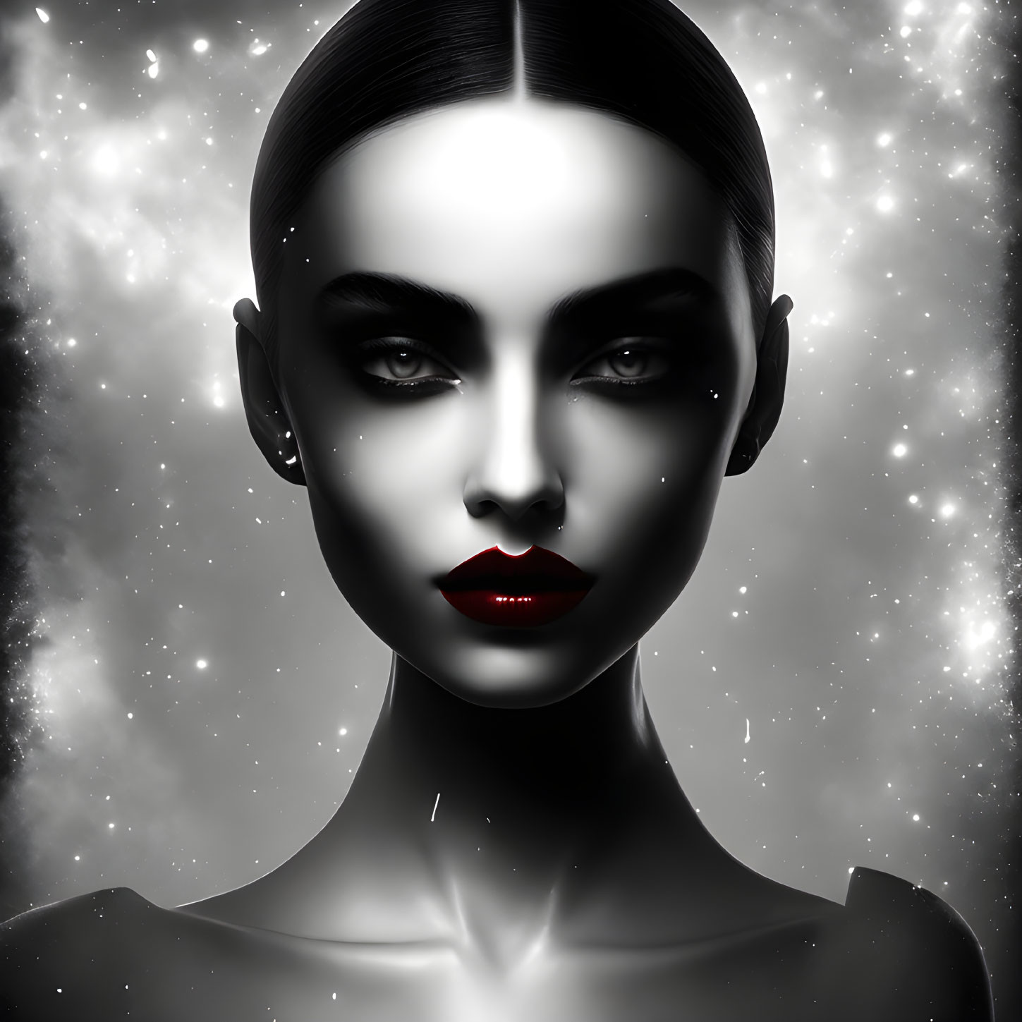 Monochrome portrait of a woman with striking makeup against a cosmic backdrop