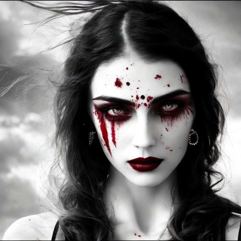 Woman with Gothic Horror Makeup: Pale Skin, Dark Lips, Black & White Hair, Dramatic Red