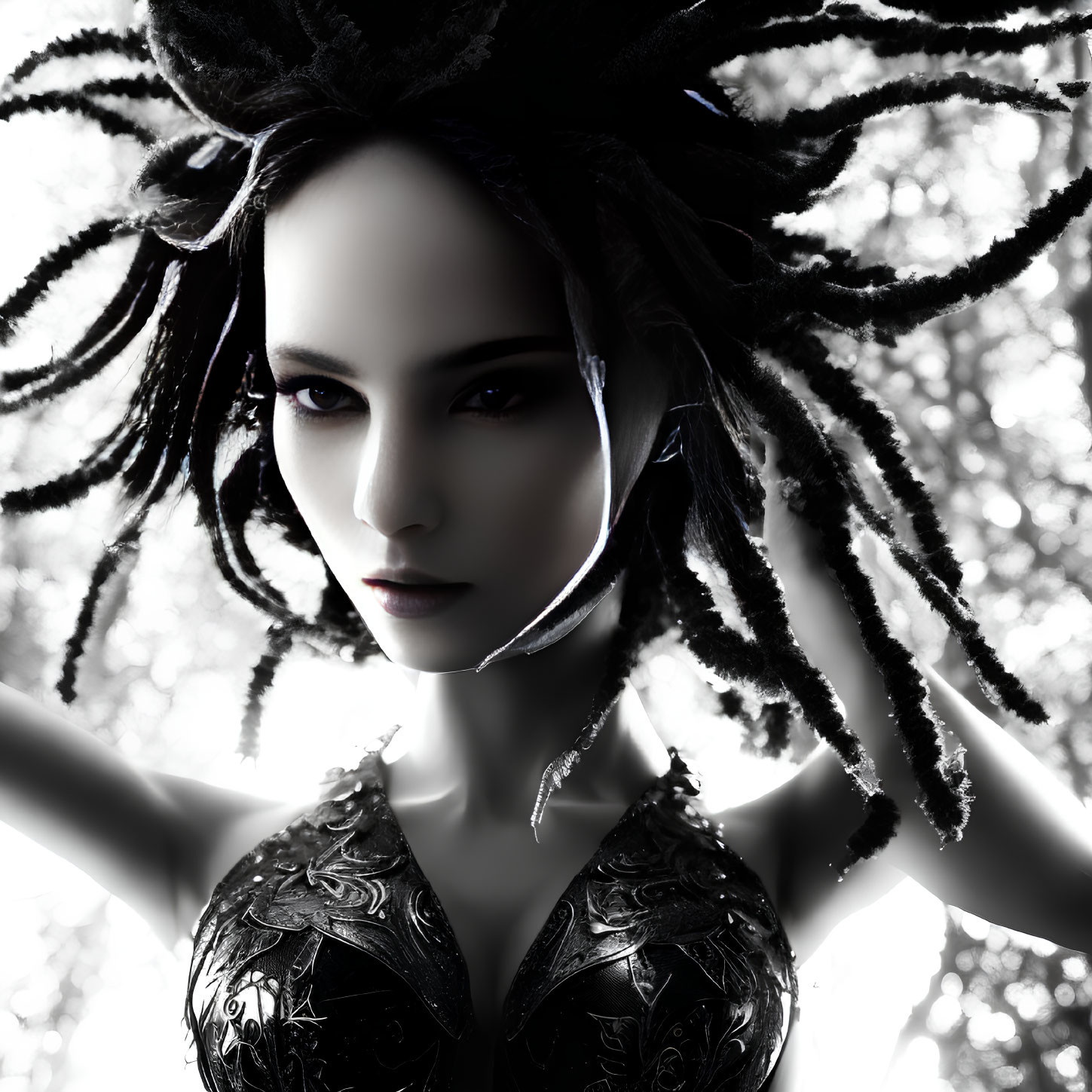 Monochromatic portrait with dark makeup, dreadlocks, and ornate armor top