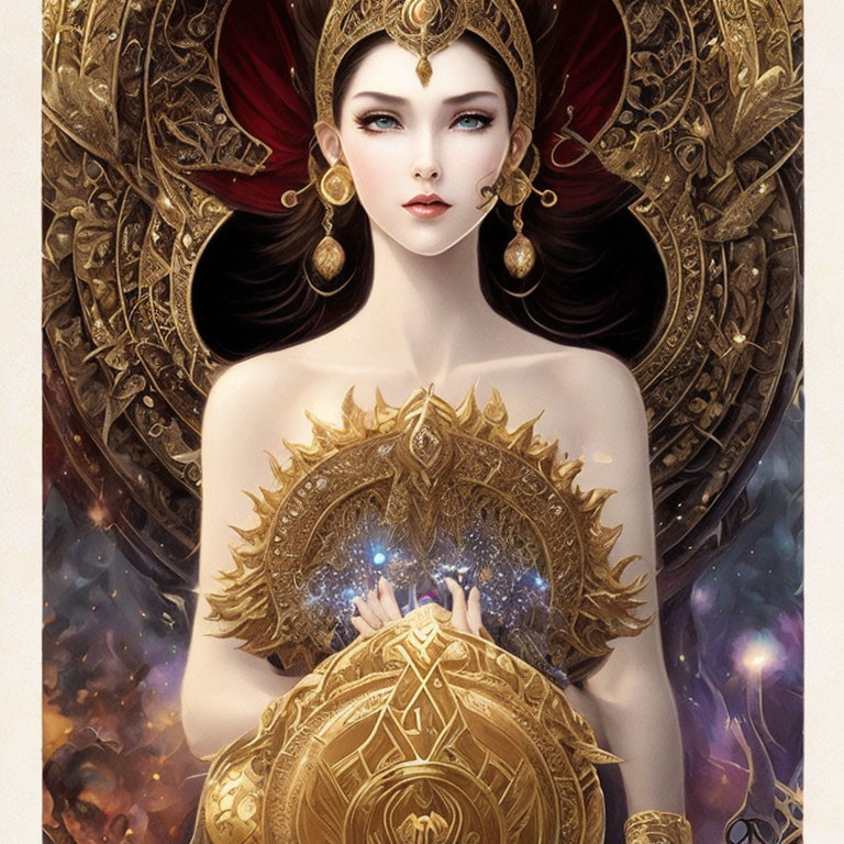 Illustrated female figure with blue eyes and golden headdress holding glowing orb in cosmic setting